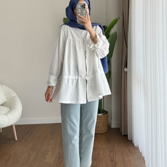 Büzgülü Önden Bağlamalı Poplin Kimono - Beyaz