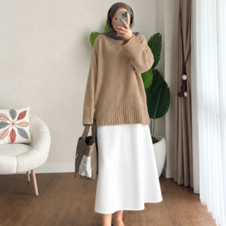 Oversize Bisiklet Yaka Tesettür Kazak - Camel