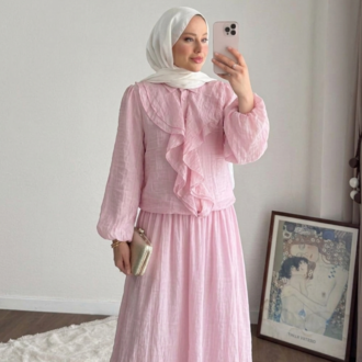 İnce Modal Önü Fırfırlı Etekli Tesettür Takım - Pembe