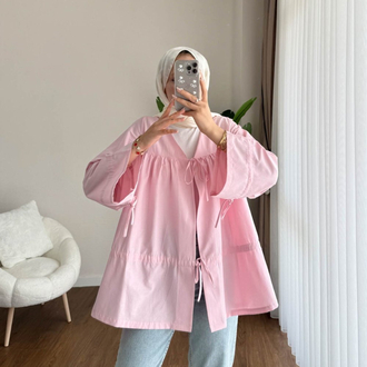 Büzgülü Önden Bağlamalı Poplin Kimono - Pembe