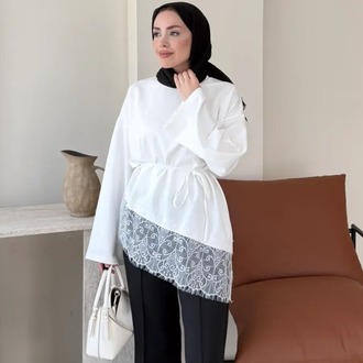 Dantel Detaylı Bel Bağlamalı Penye Sweat - Ekru