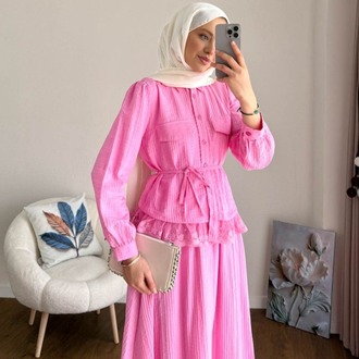 Dantel Detaylı Paris Etekli Takım - Pembe