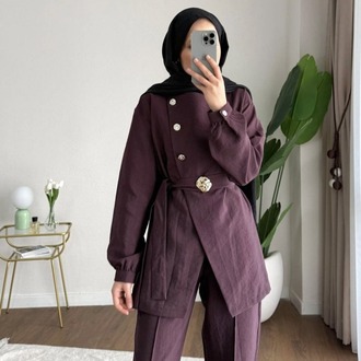 Zara Kupra Seyyar Kemerli Gold Düğmeli Pantolonlu Takım - Mürdüm