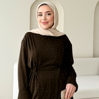 Beli Tünelli Taş Detaylı Pantolonlu İkili Takım - Kahverengi