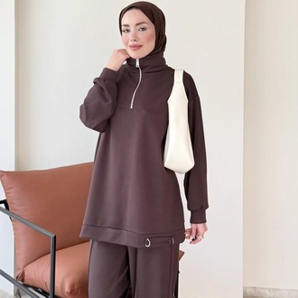 Linda Fermuarlı Oysho Tunik Pantolonlu Takım - Kahverengi