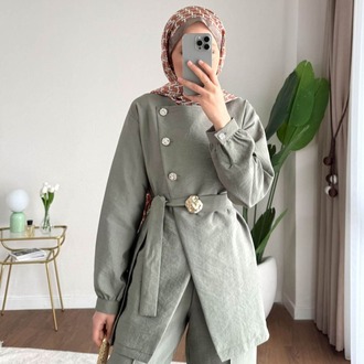 Zara Kupra Seyyar Kemerli Gold Düğmeli Pantolonlu Takım - Yeşil