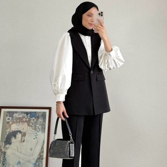 Tek Düğme Detaylı Double Kumaş Yelekli Pantolonlu Takım - Siyah