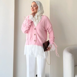 Dantel Detaylı V Yaka Triko Hırka - Pembe