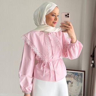 Etek Üstü Dantel Yakalı Poplin Gömlek - Pembe