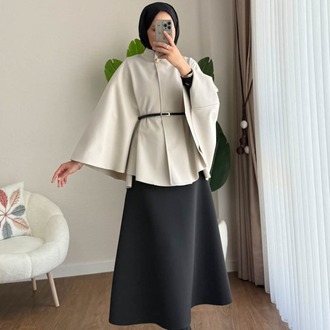 Oversize Kemerli Kaşe Panço - Bej