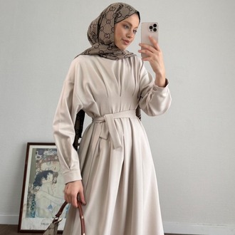 Pensli Double Kumaş Elbise - Açık Bej