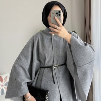 Oversize Kemerli Kaşe Panço - Gri