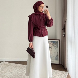 Etek Üstü Dantel Yakalı Poplin Gömlek - Bordo