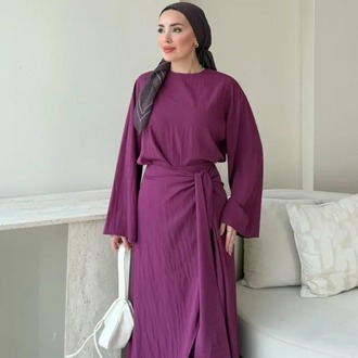 Önü Çapraz Belden Bağlamalı Pantolonlu Üç Parça Tesettür Takım - Mürdüm