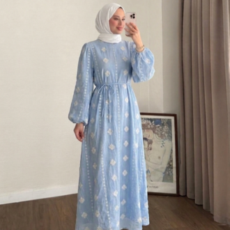 Bel Bağlamalı Nakış Detaylı Tensel Elbise - Mavi