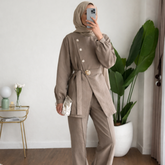 Zara Kupra Seyyar Kemerli Gold Düğmeli Pantolonlu Takım - Vizon