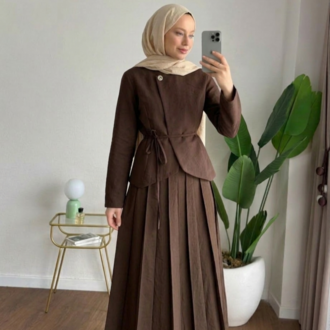 Zara Kupra Seyyar Kemerli Çımalı Etekli Takım - Kahverengi
