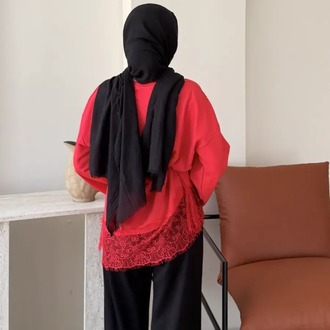 Dantel Detaylı Bel Bağlamalı Penye Sweat - Kırmızı