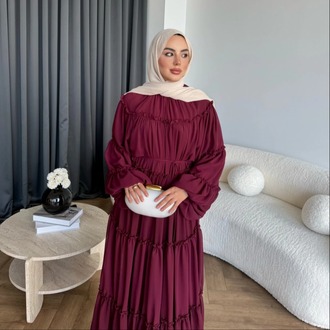 Fırfırlı Kat Kat Bağcık Detaylı Şifon Elbise - Bordo