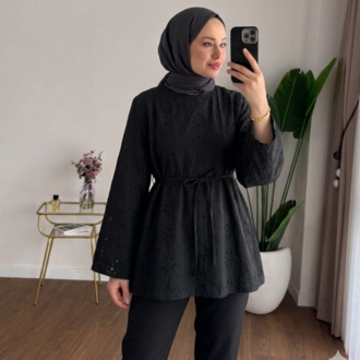 Çan Kol Fisto Kemerli Bluz Tunik - Siyah