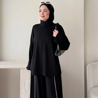 Biye Detaylı Oysho Tunik Pantolonlu Takım - Siyah