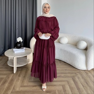 Fırfırlı Kat Kat Bağcık Detaylı Şifon Elbise - Bordo