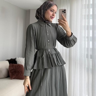 Melinda Begonya Kumaş Etekli Takım - Haki