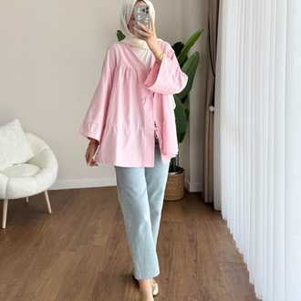 Büzgülü Önden Bağlamalı Poplin Kimono - Pembe