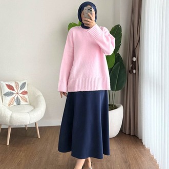 Oversize Bisiklet Yaka Tesettür Kazak - Pembe