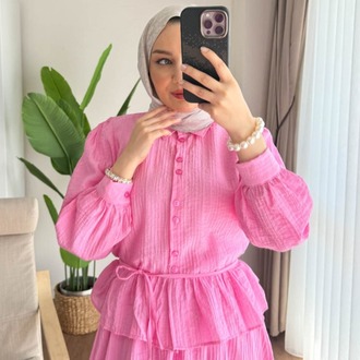 Melinda Begonya Kumaş Etekli Takım - Pembe