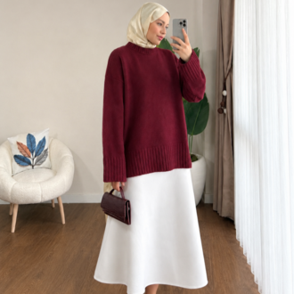 Oversize Bisiklet Yaka Tesettür Kazak - Mürdüm