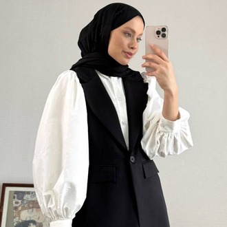 Tek Düğme Detaylı Double Kumaş Yelekli Pantolonlu Takım - Siyah