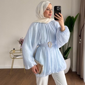 Balon Kol Bubble Kemerli Tunik - Mavi