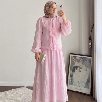 İnce Modal Önü Fırfırlı Etekli Tesettür Takım - Pembe