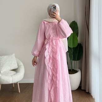 Bel Bağlamalı Fırfırlı Kumru Elbise - Pembe