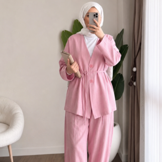 Bel Bağlamalı Şalvar Kesim Pantolonlu Kimono Takım - Pembe