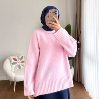 Oversize Bisiklet Yaka Tesettür Kazak - Pembe