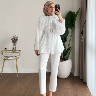 Balon Kol Bubble Kemerli Tunik - Beyaz