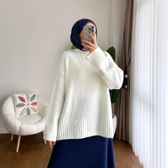 Oversize Bisiklet Yaka Tesettür Kazak - Krem