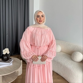 Fırfırlı Kat Kat Bağcık Detaylı Şifon Elbise - Pembe