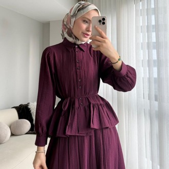 Melinda Begonya Kumaş Etekli Takım - Mürdüm