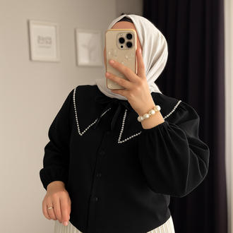 Bebe Yaka İncili Gömlek - Siyah