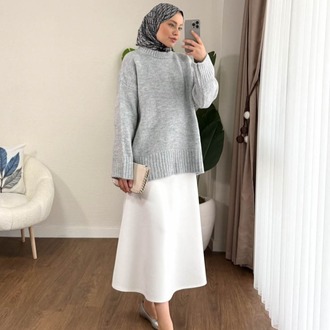 Oversize Bisiklet Yaka Tesettür Kazak - Gri