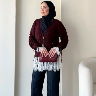Dantel Detaylı V Yaka Triko Hırka - Bordo