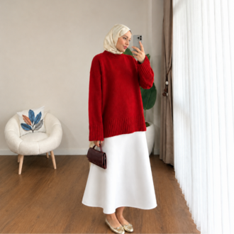 Oversize Bisiklet Yaka Tesettür Kazak - Kırmızı