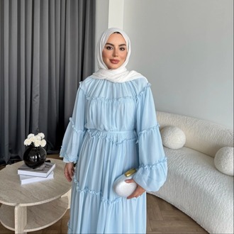 Fırfırlı Kat Kat Bağcık Detaylı Şifon Elbise - Bebe Mavi