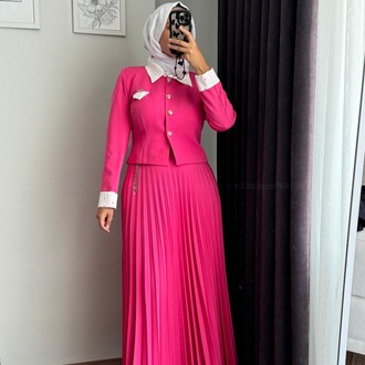 Puantiyeli Ceket Etek Takım - Fuşya