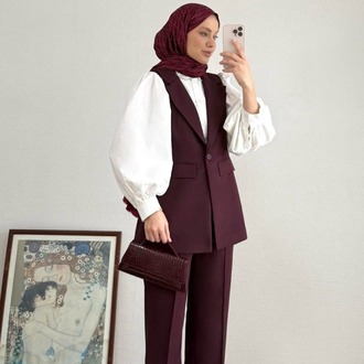 Tek Düğme Detaylı Double Kumaş Yelekli Pantolonlu Takım - Bordo