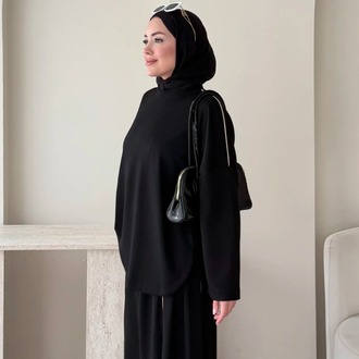 Biye Detaylı Oysho Tunik Pantolonlu Takım - Siyah
