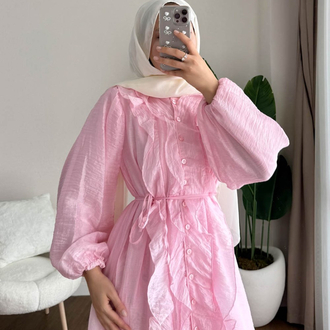 Bel Bağlamalı Fırfırlı Kumru Elbise - Pembe